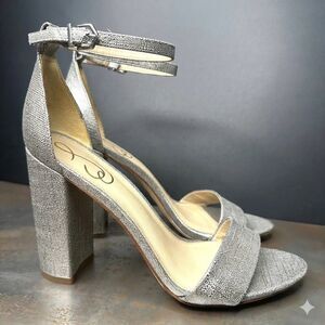 Sam Edelman Heeled Sandals 8.5 Block Heel Dressy Formal Metallic Silver Yaro